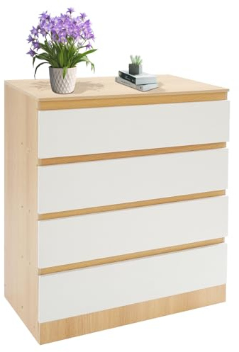 Aufbewahrungsschrank mit 4 Schubladen und 4 Etagen aus Eiche und Weiß, Moderner Standschrank für Schlafzimmer, Wohnzimmer und Büro, MDF-Aufbewahrungskiste für Kleidung, Bücher, Akten und Kleinigkeiten