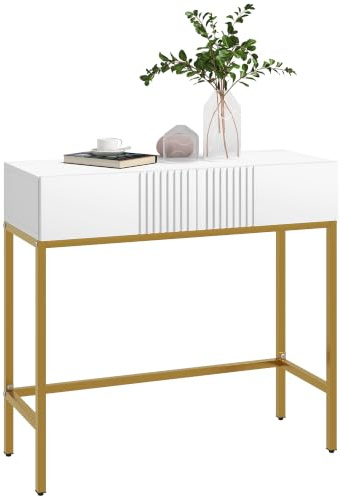 HOMCOM Table Console avec 2 tiroirs, Console Entrée, Base Acier Blanc | Pieds Antidérapants, Pour Salon
