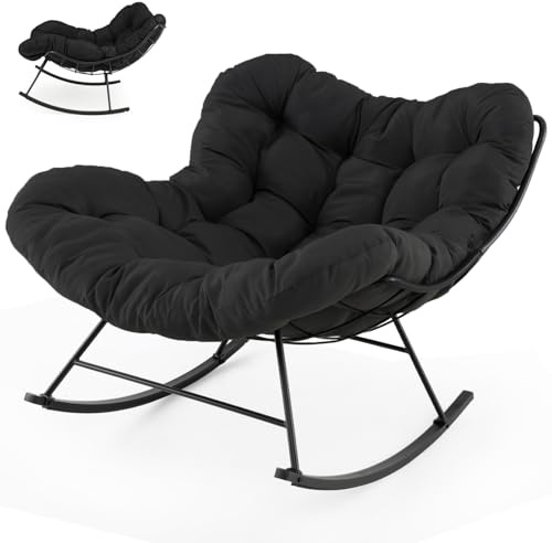 SFAREST Patio Rocking Chair, Outdoor Comfy Rocking Egg Chair with Thick and Removable Cushion, Oversized Patio Lounge Chairs for Living Room Balcon Yard Porch Sun Lounge (Black)