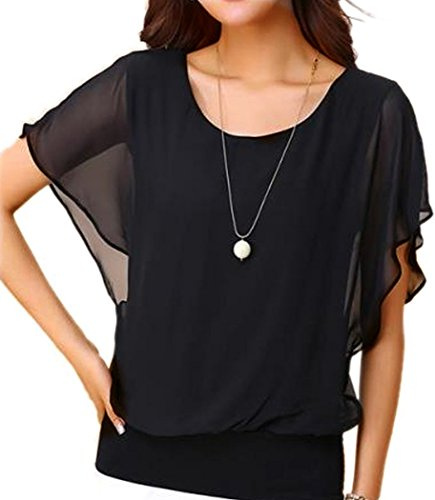 VIISHOW Women Chiffon Blouse Round Neck Short Sleeve Top Shirts Black M