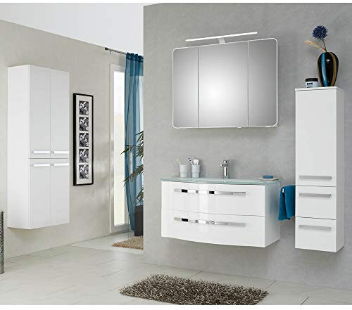 Lomadox Badezimmer Möbelset Hochglanz weiß, Waschtisch mit Unterschrank inkl. Glas-Waschbecken, Hochschrank mit Wäschekipper, montierte Möbel - Made in Germany
