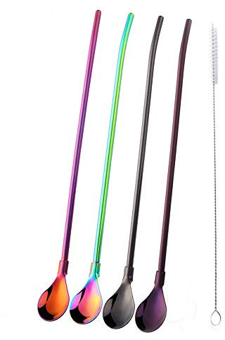 Do Buy Trinkhalme Löffel Edelstahl Strohhalm mit Löffel 4er Set Röhrchen Löffel Bunte Latte Macchiato Löffel mit Strohhalm Langstielige 8,5 inch / 21,5 cm Cocktail Straw Spoon