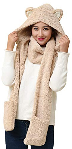 Petalum Damen Winter Warm Mütze Schal Handschuhe Set Kapuzen Handschuhe Warm Kapuzenschal Plüsch Tiere Bär Panda Wolf Paws Ohren Fellmütze
