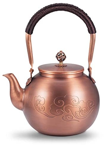 Wollet Kupfer-Teakessel für Herdplatte, handgefertigte, solide Teekanne, 1,2 mm dick, mit geflochtenem Seilgriff, 1200 ml, Wolken
