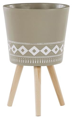 Beliani Cache-Pot Support Plantes Beige Taupe avec 3 Pieds en Bois 35 cm de Diamètre Motif Ethnique Peint à la Main pour Extérieur et Intérieur Boho