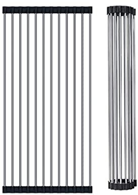 Roll-Up Dish Drying Rack, Kitchen Over Sink Dish Drainer with Non-Slip Silicone, Stainless Steel Drainer Rack, Heat Resistant Mat, Dishwasher Safe, Rolls Out Over Any Sink or Counter,47 X 22cm