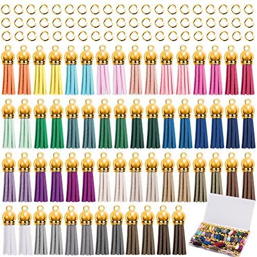 Duufin 120 Stück Quasten Anhänger und Biegeringen Kit mit 60 Stück Quasten Anhänger Leder 60 Stück Biegeringen für DIY Schlüsselbund Taschen Armband, 30 Farben (Gold)