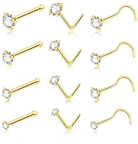 DAILI Lot de 12 piercings de nez dorés 20 g en acier chirurgical en forme de L avec tire-bouchon, anneaux de nez minuscules zircones cubiques pour homme et femme, Plaqué or 14 carats, zirconium carré