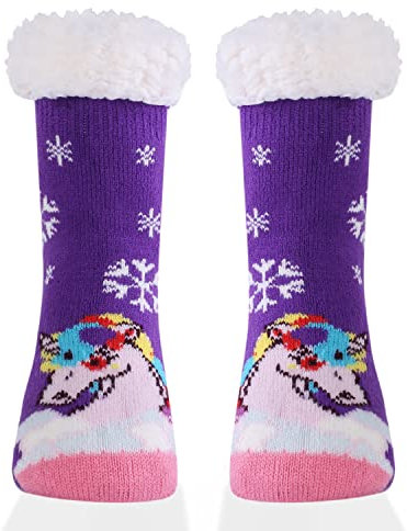 DOXILA Kids Slipper Socks Boy Girl Chunky Knit Non Slip Socks Soft Fuzzy Warm Thick Fleece lined Christmas Stockings Child Toddler Winter Socks Unicorn Purple 8-12 Years (L)