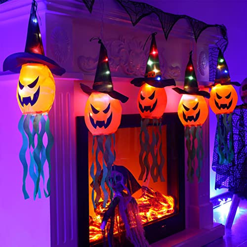 5 Pcs Halloween Kürbis Licht Mit Hexenhut,3m Halloween Lichterkette Kürbis,Orange Kürbis,Windsack Halloween,Batteriebetrieben 30 LED Kürbis Lichter Hängend Geisterlicht Deko Für Halloween Party Gärten