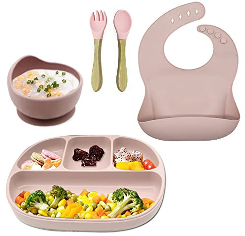 Juego de Vajilla Infantil para Bebe-ROSPRETTY Baras Vajilla Bebe de Silicona y Ventosa con Plato, Tenedor y Cuchara Tazón de silicona Babero silicona bebe Compartimento Aprendizaje, Sin BPA