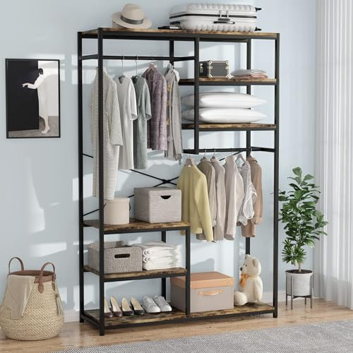 JoliJour Armarios de Almacenamiento de Ropa y Zapatos, con 4 Estantes, Vestidor Abierto de Madera y Metal, Perchero Estanteía Colgante, Soporte de Pie, 120x40x180cm