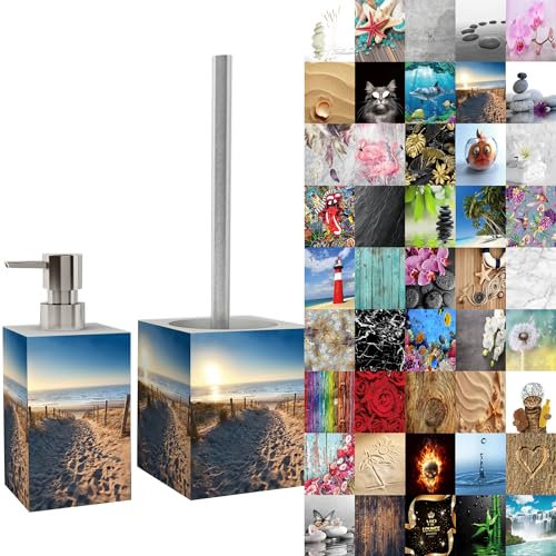 Sanilo Badezimmer Set, Seifenspender und WC Bürste mit Motiv, große Auswahl, Klobürste ohne Bohren, schöne Designs (Düne)