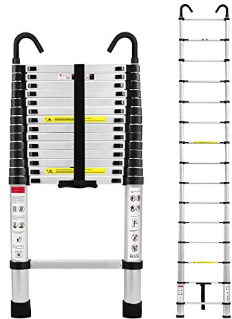 LZQ Scala telescopica con gancio, 3,8 m, in alluminio, multiuso, portata 150 kg, scala allungabile con gancio rimovibile, antiscivolo