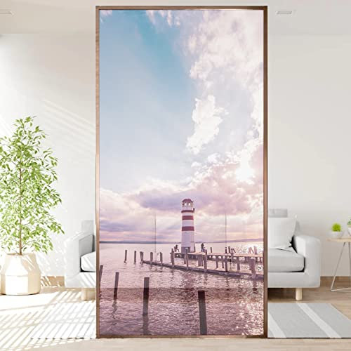 KEKUYA Blickdicht Sichtschutzfolie, Statische 3D Fenster Dekorfolie Milchglasfolie Selbsthaftend,Anti-UV Für Zuhause Badzimmer Oder BüRo-Meer und Leuchtturm(75cmx200cm)