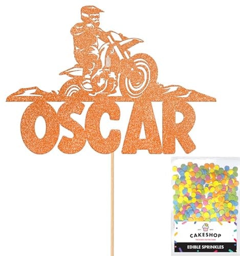 Personalised Dirt Bike Motorbike Racing Glitter Cake Topper - Copper Orange Custom Name Glitter Cake Decoration and Sprinkles - Happy Birthday Decorations - Personalised Toppers for Cakes by Cakeshop