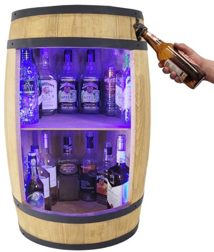 weeco Fassbar LED with Bottle Opener - Wooden Barrel - Barrel Shelf Drinks Cabinet Bar Rack Storage Cabinet Barrel Decoration for Wooden Shelf Wine, Whisky Beer Glasses and Bottles (Light Brown/Oak)
