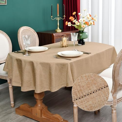 NEWISHER Farmhouse Tischdecke mit ovalem Hohlsaum, neutrale Leinen-Tischdecke, rustikale Tischdecke für Esszimmer, Küche, Party, Ferienhaus (Flachs, 132 x 178 cm)