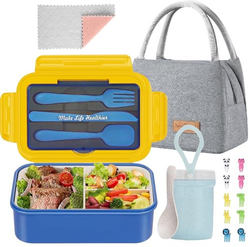 KAIFTEK Bento Lunch Box for Kids, Bento Box Adults Lunch Box Leak-proof for Kids Toddler Teens School, Lunch Containers Durable with Lunch Bag, Cup, Spoon, Forks, Dishcloth（Blue Set-Y）