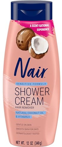 Nair Sensitive Formula Shower Cream, Quick and Easy Hair Removal Cream with Coconut Oil and Vitamin E for Body, 12 oz