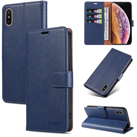STAWLKA Case for iPhone X iPhone XS, Premium PU Leather Flip Magnetic Buckle Wallet Case Kickstand Blocking RFID Shockproof Protective Phone Cover for iPhone X/XS - Blue