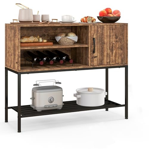 COSTWAY Kitchen Buffet Sideboard, Wooden Storage Cabinet with Removable Wine Racks, Door & Storage Shelves, Display Organiser Console Table for Dining Living Room (Rustic Brown)