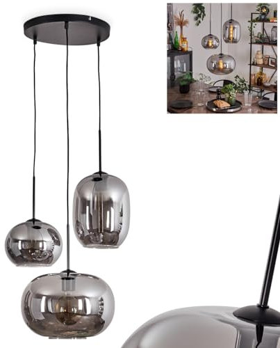 Hängeleuchte Apedo, Hängelampe aus Metall/Glas in Schwarz/Rauchfarben, Vintage/Retro Design mit Schirmen aus Glas (Ø 20 cm, 30 cm), Höhe max. 145 cm, 3 x E27, ohne Leuchtmittel
