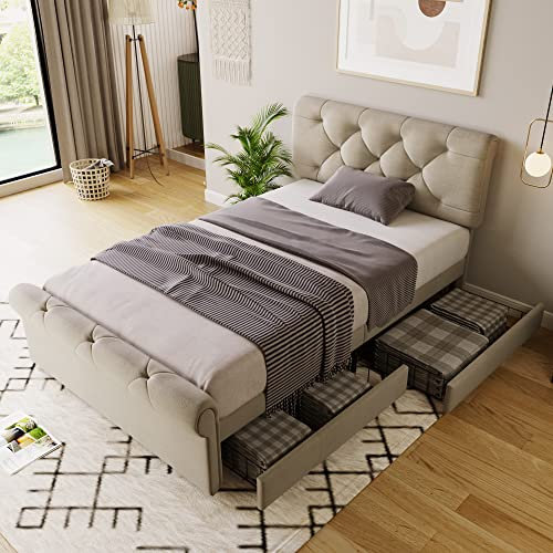 Einzelbett 90x200 cm, Polsterbett mit 2 Schubladen Stauraum, Bettgestell mit Lattenrost, Höhenverstellbares Kopfteil, Kinderbett Jugendbett, Funktionsbett, Stauraumbett Gästebett Bettrahmen, Natürlich