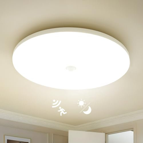 Combuh Led Deckenleuchte mit Bewegungsmelder Innen, 18W Neutralweiß 4000K Deckenlampe Flach mit Dämmerungssensor, IP56 Wasserdicht Beleuchtung für Flur Balkon Badezimmer Treppenhaus, Rund 29.5CM