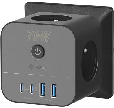 VEFVE Chargeur Rapide USB C 70W, Prise Multiprise Cube 7-en-1 avec Interrupteur, Technologie GaN III, Compatible Ordinateurs Portables, Téléphones, MacBook Pro, iPad Pro, iPhone, Galaxy