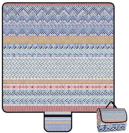 Picknickdecke Wasserdicht Sandfrei, 200x200cm Waschbare Stranddecke mit Tragegriff, Tragbar Strandmatte für 4-6 Personen, Outdoor Camping Decke für Park, Garten, Gras, Wandern - Retro Ethno Stil