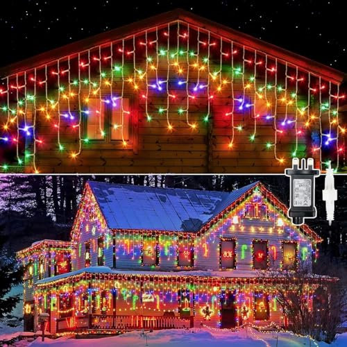 GlobaLink Christmas Icicle Lights Outdoor, 10M/32FT 400LED Icicle Fairy Lights with Timer & 8 Modes, 80 Drops Mains Powered Outdoor Christmas Lights for Roof Balcony Eaves Wall Windows - Multicolored