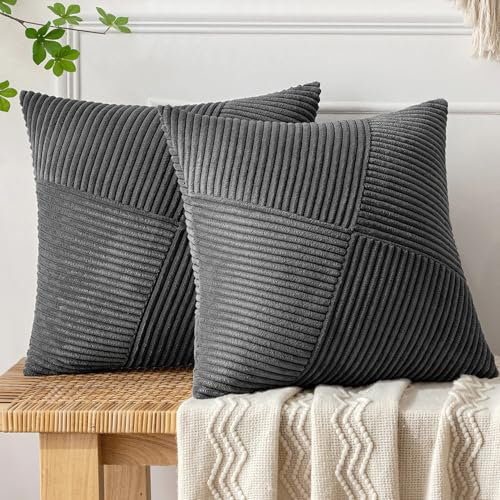 MIULEE Kissenbezug 45x45 Dunkelgrau Kordsamt 2er Set Kissenbezüge Zierkissenbezug Kissenhülle Sofakissen Dekokissen Streifen Muster Patchwork Design für Wohnzimmer