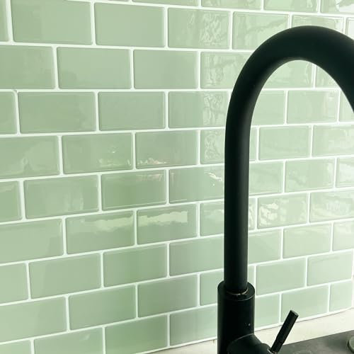 Alwayspon 10 hojas de vinilo Sega verde 3D para azulejos de pared, autoadhesivas, impermeables, para pared de cocina, baño, 12 x 6 pulgadas