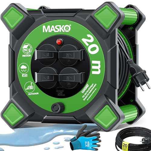 MASKO® Enrouleur de câble, 20 m, rallonge avec prises de terre et poignée enroulée, protection thermique, pour extérieur, IP44, 1000 W, ~ 3000 W, avec poignée de transport et gants de montage