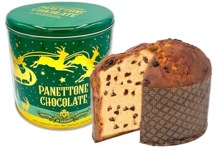 Chiostro di Saronno Handwerklicher Schokoladen-Panettone 750 g, Langsam Fermentierter Panettone mit Schokoladenstückchen, Gefüllt mit Schokoladencreme, Grüne Blechdose mit Rentieren