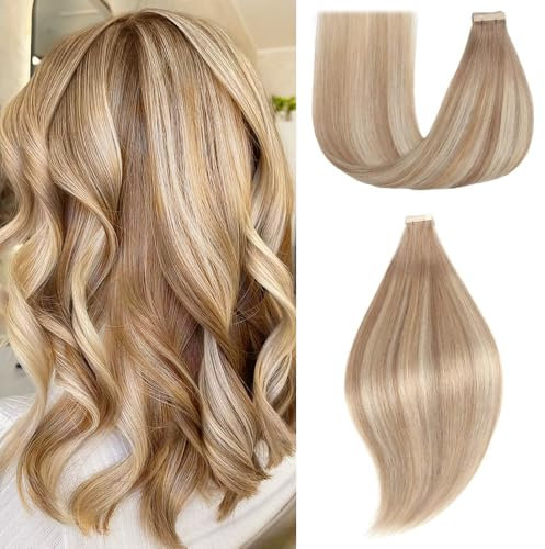EINbeauty Tape Extensions Echthaar 20pcs Extensions Echthaar 55cm 50g Hellbraun mit Goldblond Tape In Extensions Echthaar Invisible Echthaar Extensions Tape Glatt Haarverlängerung(22inch,10/10/22#)