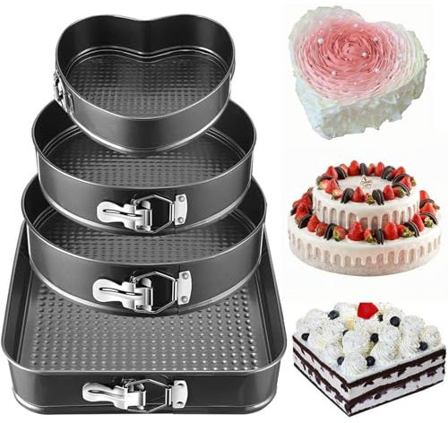 Sadodo Cake Tin - Pack 4PCS Cake Tins for Baking, 20/22/24/26CM Springform Cake Tins for Cheesecake,Bake Ware Round Heart Square Baking Tins,Birthday Valentine Cake Making,for Restaurants Home
