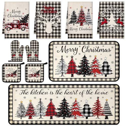 Fourluoo 10 Pcs Farmhouse Christmas Tree Kitchen Decor Set 4 Kitchen Dish Towels 2 Pot Holders 2 Oven Mitt Kitchen Rug and Mat for Cooking Baking Daughter Mom Gift Kitchen Decor (Black White)