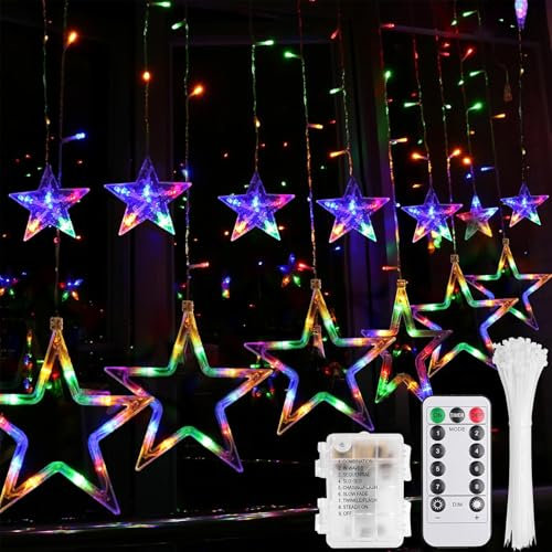 Weihnachtsbeleuchtung Fenster,138 LED 12 Lichtervorhang Sterne Bunt,Lichterkette Sterne mit Batterie and USB,Lichterkette Außen Weihnachten,Lichtervorhang Innen,Weihnachtsbeleuchtung Innen