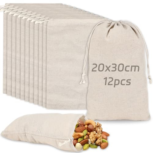 Sachet en Toile de Jute 12PCS 20x30cm Avec Cordon de Serrage - Petit Sac Cadeau pour Confetti, Mariage, Bonbons, Partie, Cosmétiques, Bijoux