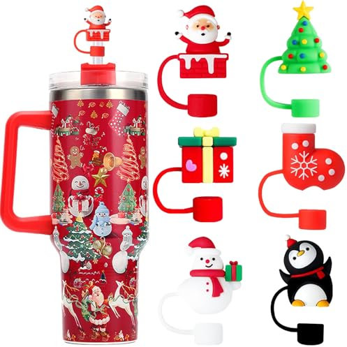 CEDIDJAC 6 PCS Christmas Straw Covers Cap For Stanley Cup,Silicone Straw Toppers Compatible with Stanley 30&40 Oz Tumbler,Xmas Reusable Straw Cover for Christmas Stanley Cup Accessories