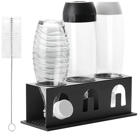 ACTIV CUISINE Porte-bouteilles pour bouteilles Sodastream Duo Crystal, 3 égouttoirs en acier inoxydable avec anneaux de protection, tapis d'égouttement, porte-couvercles et brosse à bouteilles, noir