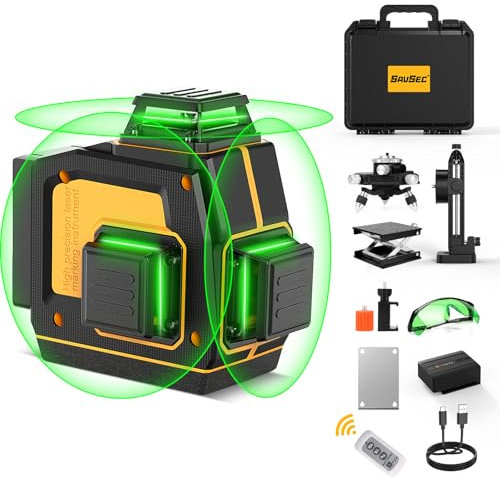3D Laser Level Self Leveling, SAVSEC 3x360° (Up to 37H) Rechargeable Green Laser Line Level, 12 Lines Adjustable Brightness Remote Control Switchable for Home & Outdoor