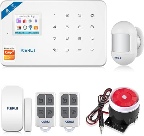 KERUI Alarme Maison sans Fil, 2.4G WiFi/4G GSM Maison Connectée Kits Système d'Alarme avec sirène, Alarme de Porte, Télécommandes, Alarme Detecteur de Mouvement, by Tuya APP Compatible Google & Alexa