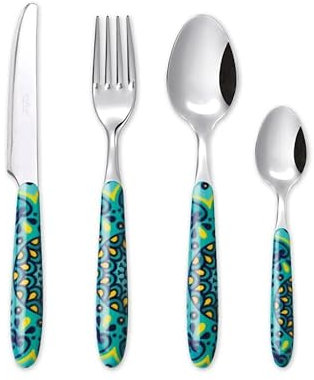 Excelsa Mandala Mediterraneo Lot de 24 couverts, acier inoxydable, manche décoré turquoise, 6 personnes