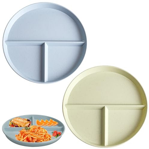2PCS Assiettes Divisées avec Compartiments,Assiettes Compartiments,Assiettes Divisées,Assiettes Perte de Poids,Assiette Plate avce Compartiments,Assiette Compartiment Adulte,Assiette Plate Incassable