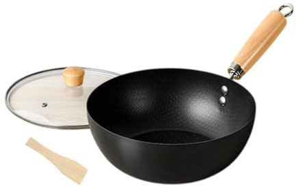 F Fityle Eisen Wok, Nicht -Stick -Haus -Gadgets, kein Coating -Küchenkochtopf, mit Deckel mit Holzgriff Pfanne, chinesischer Wok, 18cm