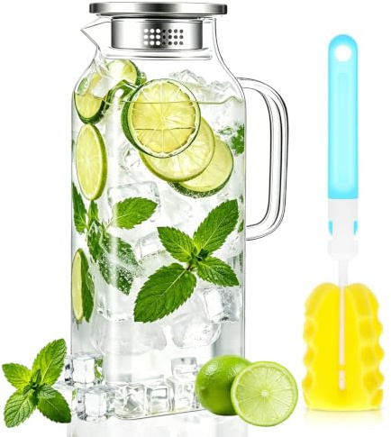 Litrue Glaskaraffe 2 Liter, Wasserkaraffe mit Deckel,Karaffe Glas für Kühlschranktür, Wasserkrug Quadratischer für Kaltes Heißes Wasser Eistee Wein Saft Tee Milch DIY Getränke (Mit Becherbürste)