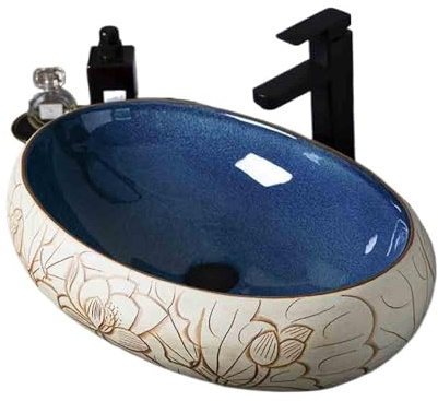 Xilin-872 Aufsatzwaschbecken Großes ovales blaues Aufsatzwaschbecken aus Keramik for den Balkon oder den Innenbereich mit Blumenmuster Waschplätze